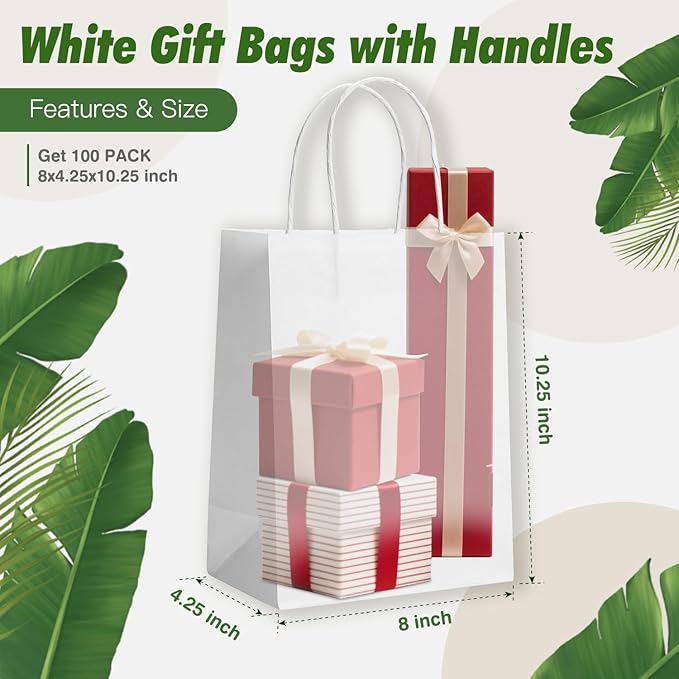 Ginkgo 100 Pack Paper Gift Bags with Handles, Medium Size White Paper Bags Bulk, 8x4.25x10.25 Kraft Bag for Shopping, Grocery, Business, Retail, Party Favor, Takeout, Goodie, Craft