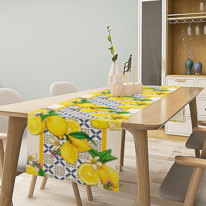 Lemon Table Runner ,Summer Blue Tiles Lemons Kitchen Dining Table Decoration Lemons Table Cover for Indoor Outdoor Home Party Decor, 13 x36 in