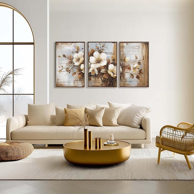 YCJKJDZ Framed Dark Floral Canvas Wall Art Set of 3, Neutral Fall Plant Bohemian Vintage Moody Flower Wall Decor Artwork for Farmhouse Bedroom Living Room Office, 20x30 inches