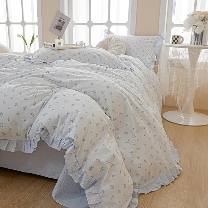 Blue Ruffle Duvet Cover Twin XL Soft White 100% Cotton Floral Duvet Cover Cute Blue Flower Comforter Cover Romantic Princess Lace Bedding Set Vintage Botanical Comforter Cover for Kids Girl Teen