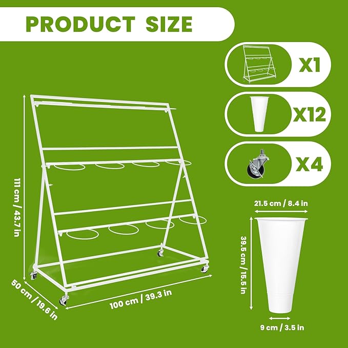 Flower Display Stand 3 Layers with 12 PCS Round Buckets, Plant Stand with Wheels, Movable Metal Plant Stand for Terrace Garden, Florist Shop, Wedding, Party, Easy to Install (White)
