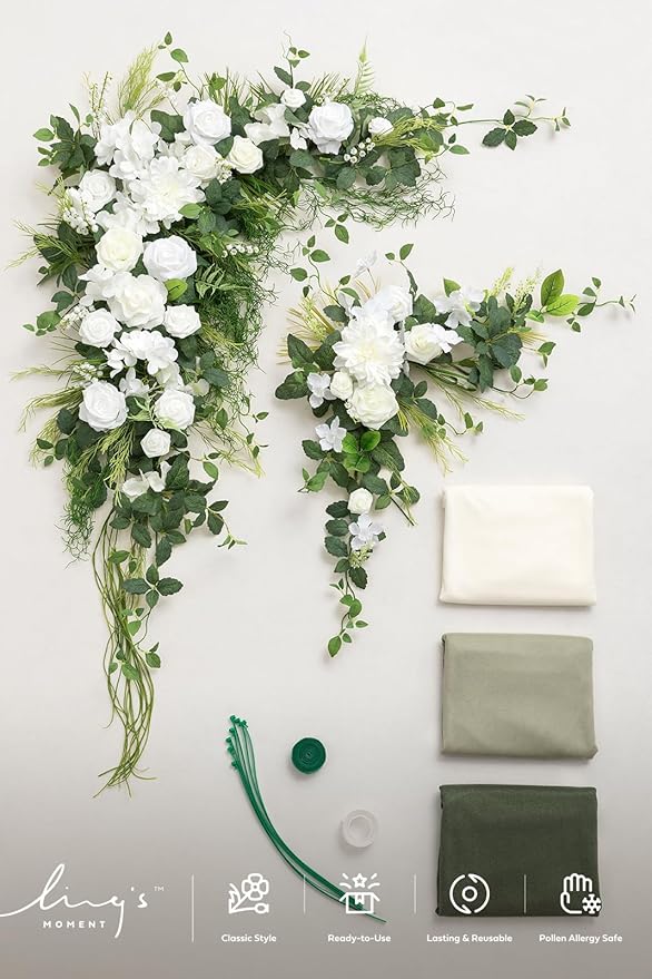 Ling's moment Wedding Arch Flowers with Drapes Kit-Pack of 5, 2pcs Flower Arrangements 3pcs Sheer Hanging Drapes White Ceremony Arbor Backdrop Artificial Rose Floral Decorations, White Green