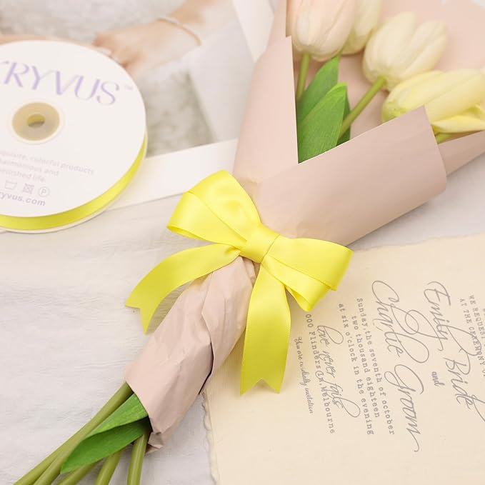 Lemon Yellow Satin Ribbon, Double Faced 7/8 Inch X 50 Yards Lemon Yellow Ribbon, Premium Satin Ribbon for Gift Wrapping, Crafts, Hair Bow Making, Sewing, Flower Bouquet, Wedding Party Decor