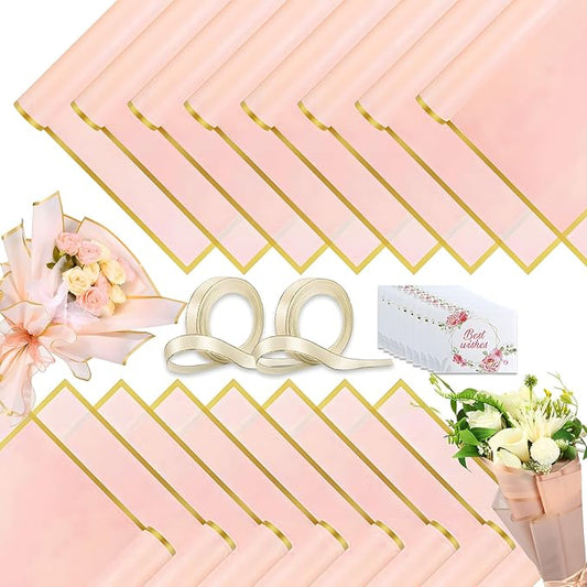 Luerbi 40 Sheets Pink Flower Wrapping Paper, Gold Edge Waterproof Floral Wrapping Paper, 22.8x22.8 inch Bouquet Paper Wrap with 2 Rolls Ribbon for Wedding Birthday Gift DIY Crafts Florist Supplies