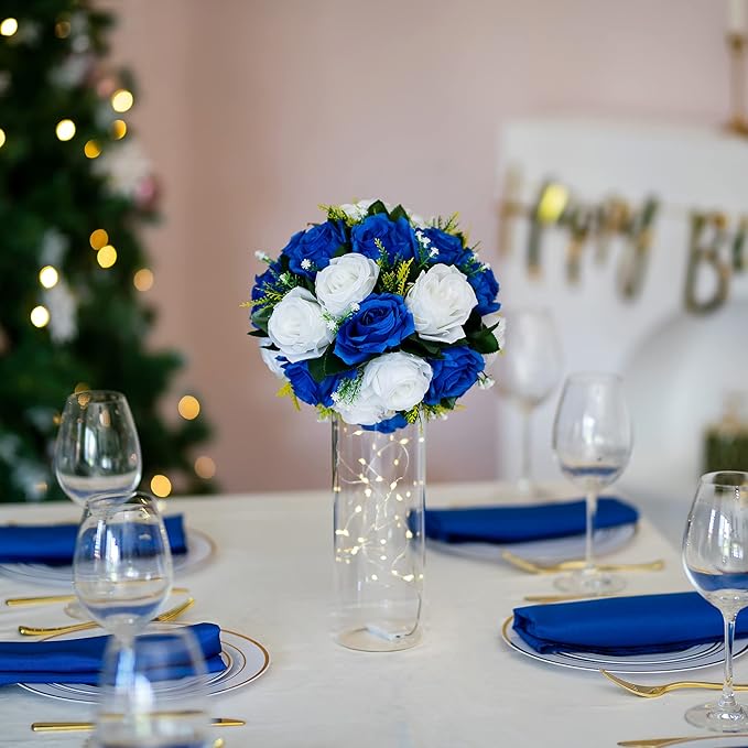 Flower Balls Wedding Rose Centerpieces: 10 Pcs Fake Flowers Royal Blue&White Kissing Balls Decor Artificial Floral Arrangements Flower Bouquet of Roses Home Party Table DIY Decorations