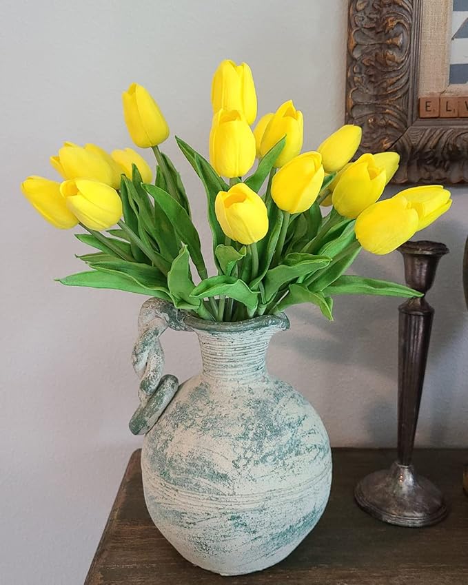 Beferr Tulips Artificial Flowers 18Pcs Faux Tulip Real Touch Tulip Fake Flowers Bouquets Arrangements for Mothers Day Spring Easter Home Wedding Table Decor Yellow