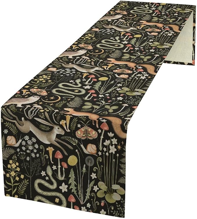 Farmhouse Forest Table Runner, Fairy Tale Woodland Wild Animals Moths Owl Snake Flowers Mushroom Kitchen Dining Table Runners for Indoor Outdoor Home Party Holiday Decor, 13x70inch