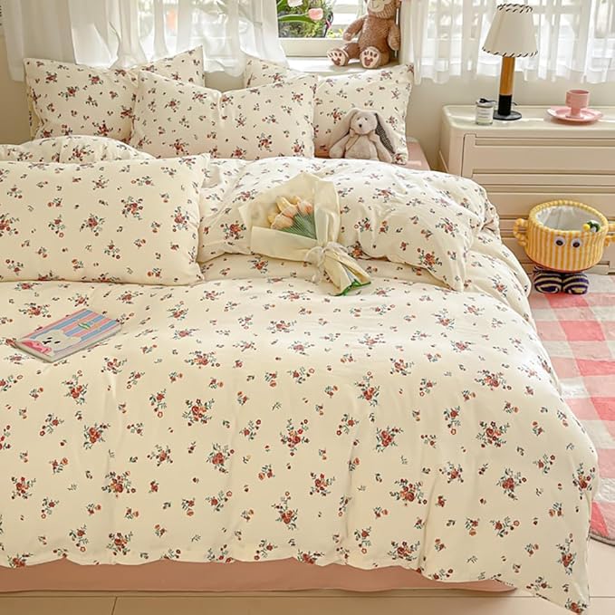 Nayoroom Vintage Floral Duvet Cover Full Size Red Rose Flower Green Botanical Cottagecore Bedding Set 3 Pieces Soft Lightweight Washed Microfiber Spring Duvet Cover Gifts for Women Girls