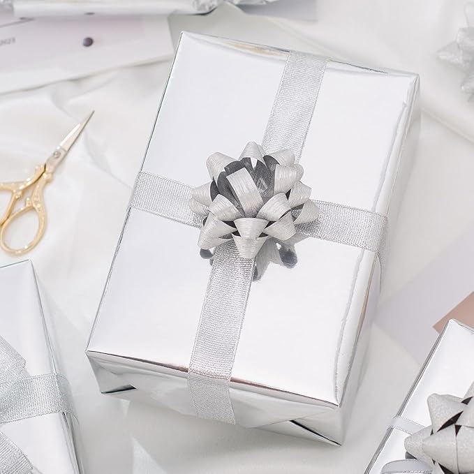 Merture Metallic Silver Wrapping Paper Roll - 17 In X 16.4 Ft(23.3 sq.ft.) Solid Color Silver Gift Wrap with Cutting Lines for Christmas, Wedding, Birthday, Valentines Day, Mothers Day, Baby Shower