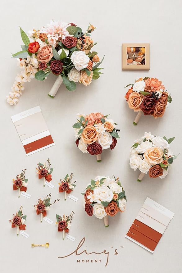 Ling's moment Wedding Artificial Flowers Package, Bridal Bouquet, Bridesmaid Bouquets, Boutonniere for Men, Rose Petals.Terracotta Orange