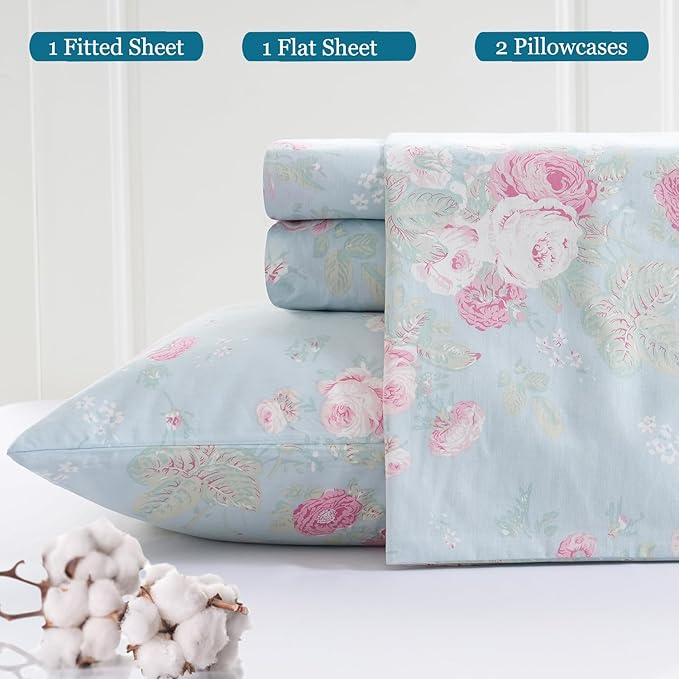 Zusbest Blue Floral Sheets Set Queen Size 100% Cotton Pink Flowers Bed Sheet Shabby Vintage Chic Bedding Romantic Pastoral Style Original Design Soft Luxury Deep Pocket Fitted Sheet 17.5'', 4 Pcs