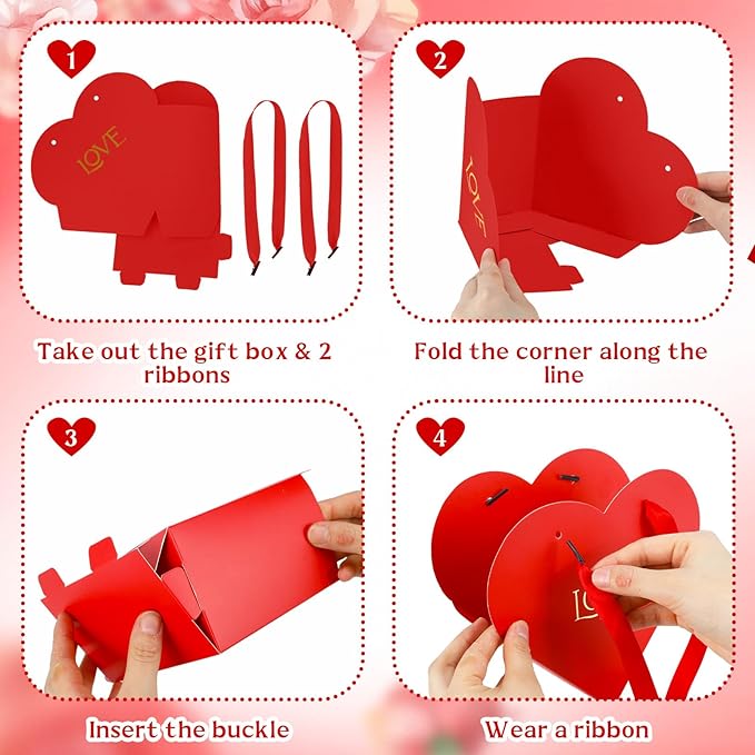 Kolldenn 12 Pcs Heart Shaped Flowers Boxes Christmas Bouquet Storage Bucket Valentine's Day Floral Boxes for Arrangements Paper Floral Bag with Handle Basket Handbag for Florist Bridal Shower(Red)
