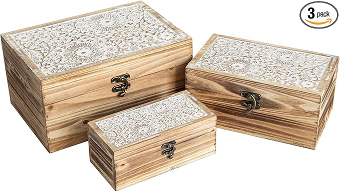 Set of 3 Wood Decorative Boxes, Rustic Farmhouse Keepsake Box Wooden Box with Hinged Lid and Floral Carved Design, Decorative Boxes for Home Decor, Brown