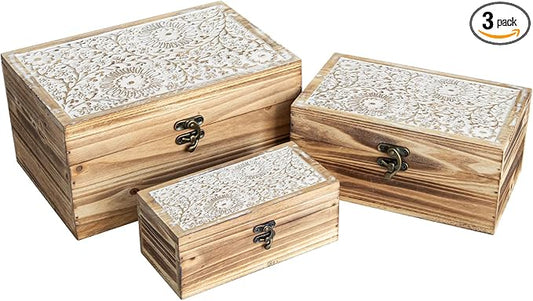 Set of 3 Wood Decorative Boxes, Rustic Farmhouse Keepsake Box Wooden Box with Hinged Lid and Floral Carved Design, Decorative Boxes for Home Decor, Brown