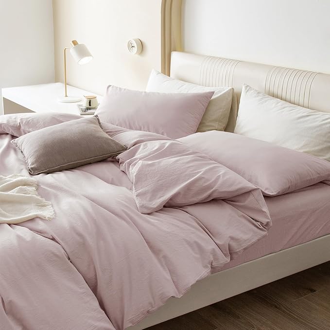 JIYUAN 100% Washed Cotton Duvet Cover Set 3 Pieces Full, 1 Duvet Cover 80x90 Inches (Comforter Not Included) and 2 Pillowcases,Linen Feel Bedding Set Comfy and Breathable, Heathered Greyish Pink