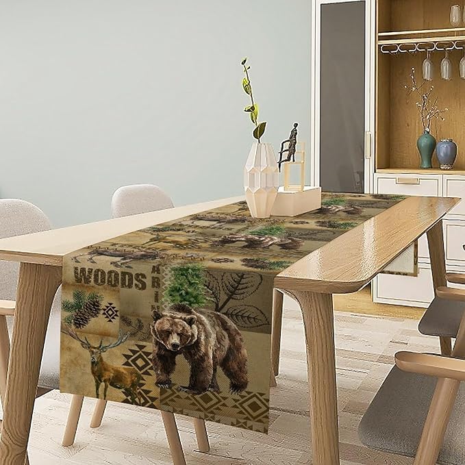 Rustic Cabin Table Runner, Farmhouse Deer Bear Retro Pine Forest Native Aztec Wild Animal Seasonal Coffee Table Center Decor for Home Kitchen Dining Patio Holiday Party Table Decorations 13x90 inches
