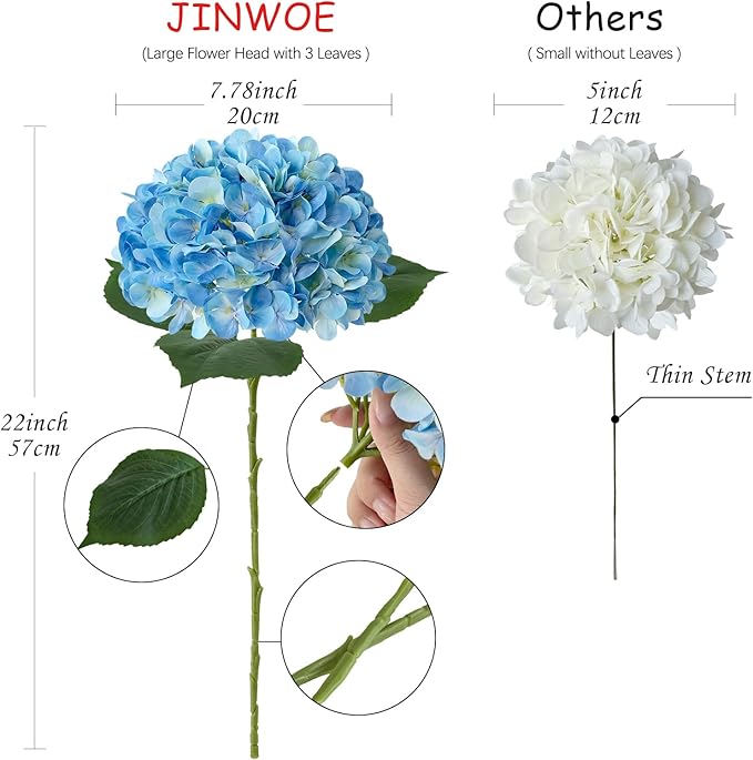 Blue Flowers Hydrangea Artificial Flowers, 4Pcs 22" Large Lifelike Silk Artificial Hydrangeas, Full Fake Flowers for Bouquet Table Centerpieces Outdoor Wedding Indoor Home
