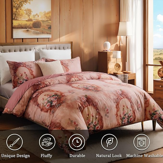 100% Cotton Duvet Cover Set Queen Size – Pink French Vintage Rose Bedding with Zipper Closure, 3-Piece Luxury Romantic Shabby Chic Floral Comforter Cover with 2 Pillowcases