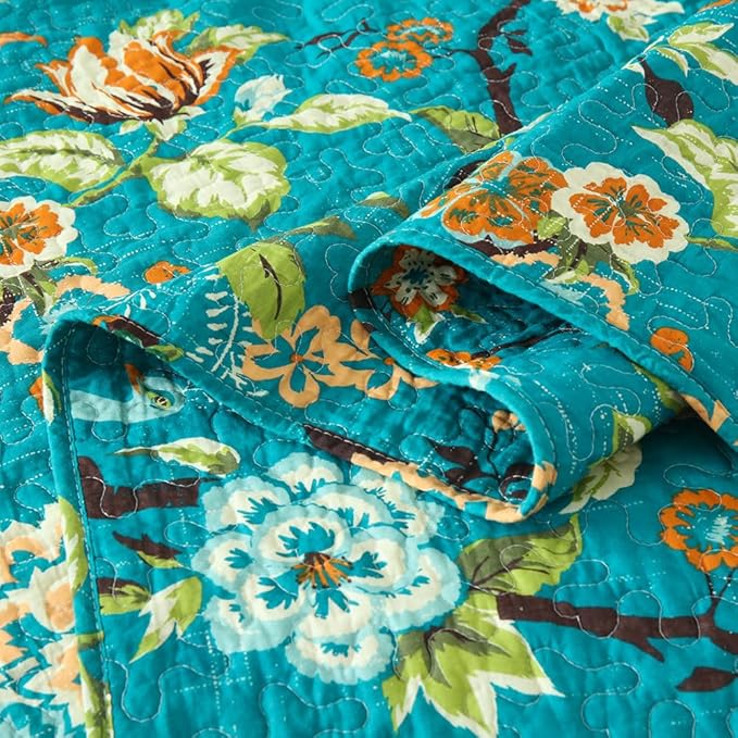 ENASAL Cotton Bedspread Quilt Sets Reversible Bedding Coverlet Sets Comforter, Vintage Floral Farmhouse Pastoral Turquoise Bedspread, Queen Size