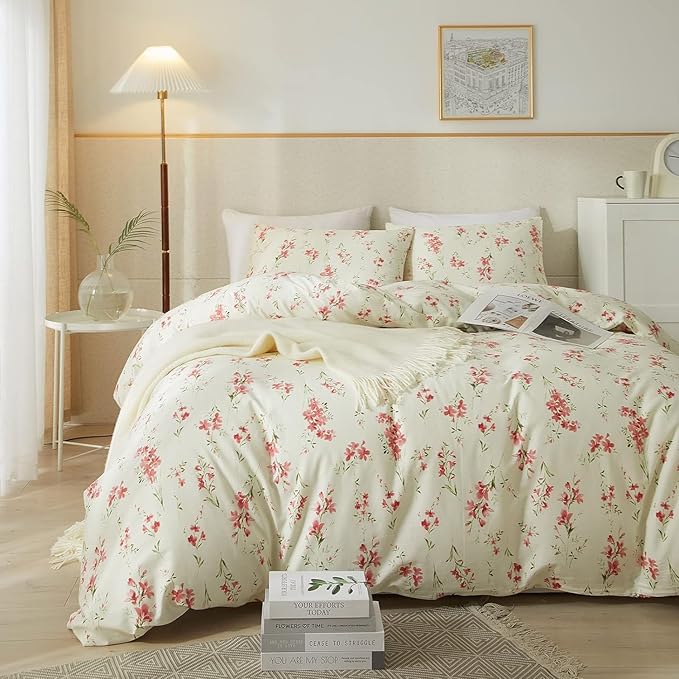 Garden Pink Floral Comforter Set Queen Soft Microfiber Girls Pink Floral Bedding Comforter with 2 Pillowcases Vintage Flowers Botanical Comforter Set for All Seasons Fluffy Lightweight Bedding Set