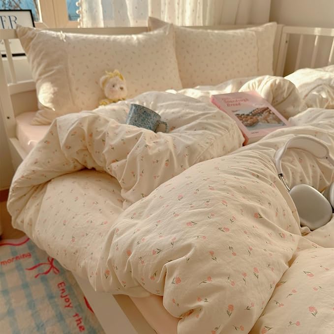 VM VOUGEMARKET Full Comforter Set Vintage Pink Flower Comforter with Romantic Lace Trim Soft Lightweight Bedding Set for Teen Girls-80 x90