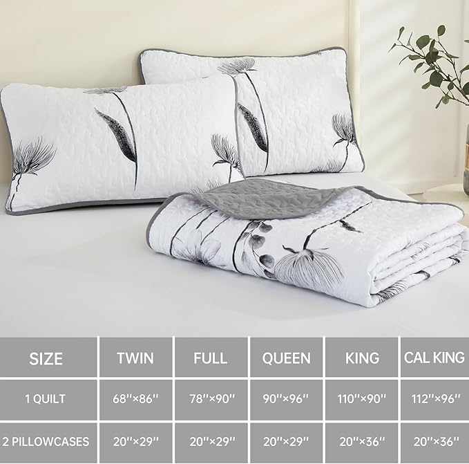Dinjoy Floral Quilt Set California King Size,Gray Bedspread Farmhouse Bedding Set Soft Lightweight Quilts 3 Piece White Oversized Flower Plant Bed Cover Sets for Fall Winter (Cal King,106"x95")
