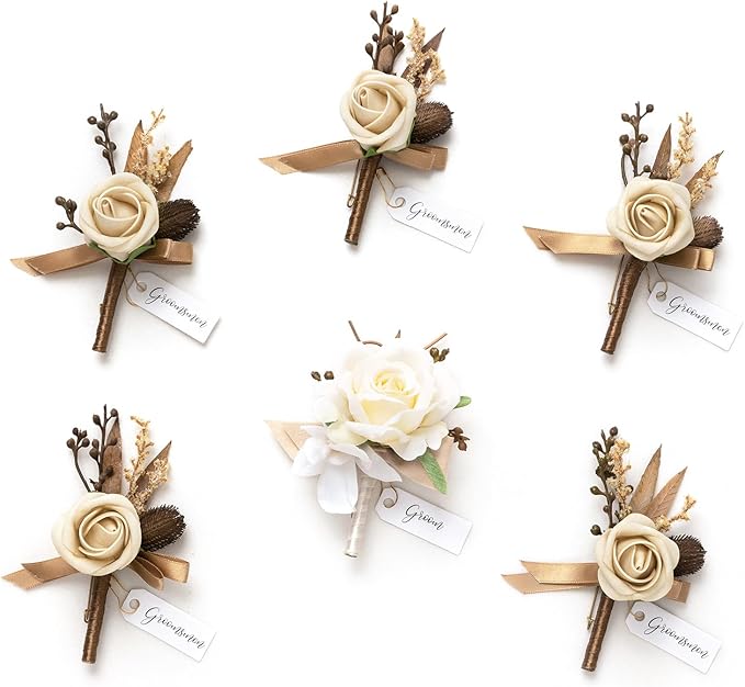 Ling's moment Boutonniere for Men, 6pcs Groom Groomsmen Boutonniere, Artificial Flowers for Wedding Decor/Prom/Homecoming, etc.Brown Beige White