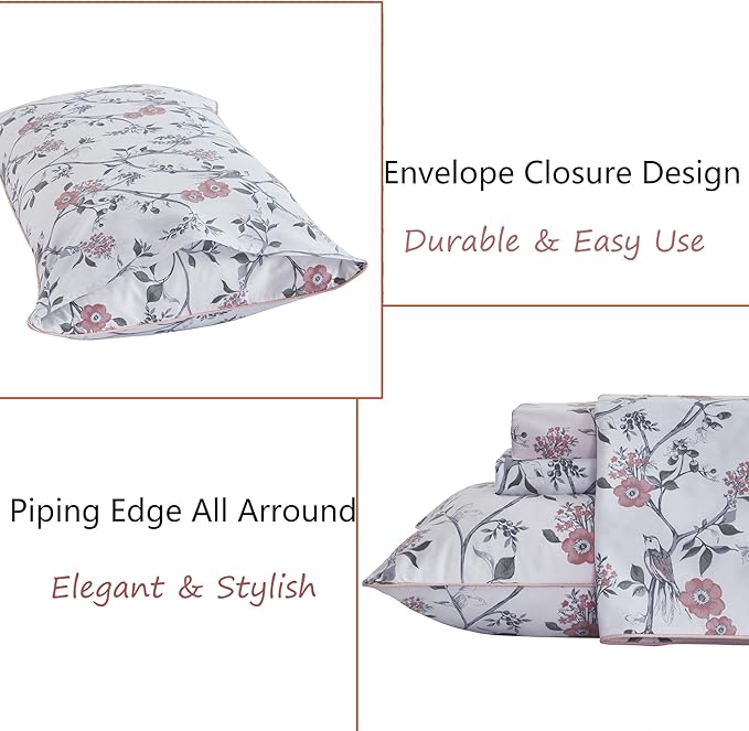FADFAY Sheets Set Twin Rustic Bird Floral Bed Sheets Set Vintage Botanical Bedding Shabby Branches Leaves Bedding Collections 100% Egyptian Cotton Breathable Soft 17.7" Deep Pocket 4Pcs, Twin Size