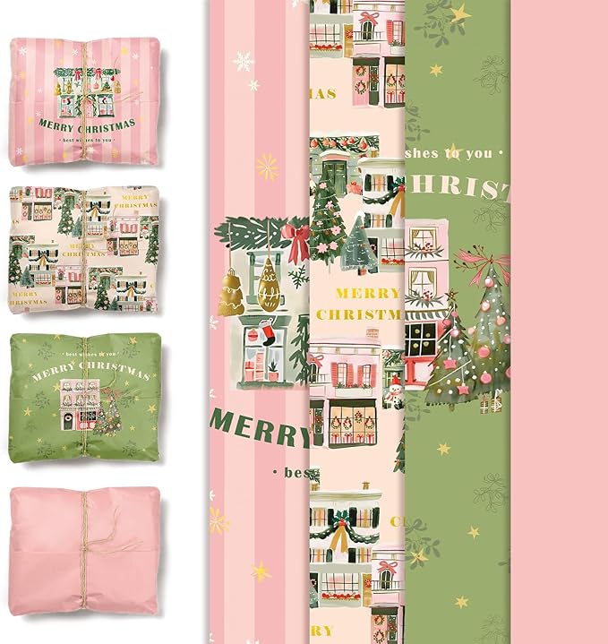 NICROHOME EUR 24 Sheets Christmas Tissue Paper, Sage Green Pink Tissue Wrapping Paper with Christmas Tree House Snowman Socks Pattern, Small Gifts Wrapping Paper for Xmas Crafts Gifts (15 X 20 Inch)