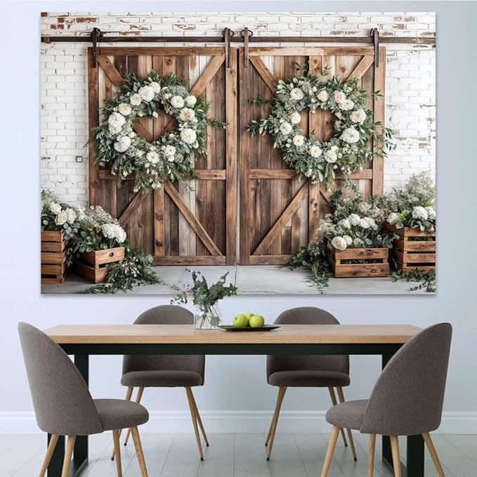 Rustic Barn Door Photography Backdrops, White Flower Wood Brown Barn Door Backdrop, Wedding Birthday Party Decors Photo Booth Props 15x10ft