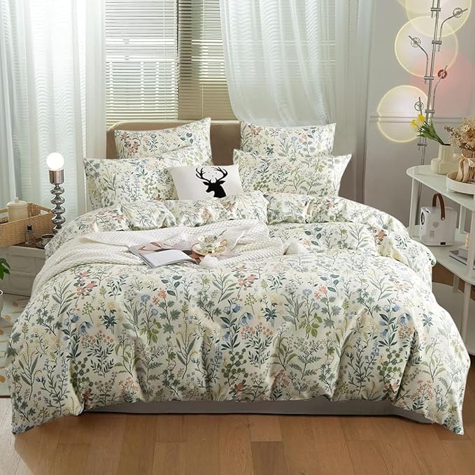 Vintage Garden Floral Comforter Set Queen Soft Fluffy Vibrant Colors Cute Floral Bedding Comforter Boho Aesthetic Queen Bed Comforter with 2 Pillowcases Cottagecore Botanical Flower Comforter Set