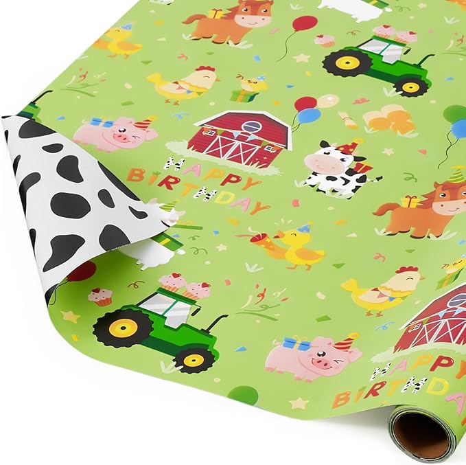 WERNNSAI Farm Animal Wrapping Paper - 1 Roll 17” x 16.4 ft Green Farm Gift Wrapping Paper for Kids Birthday Baby Shower Animal Gift Packing Decoration Supply Reversible Cow Prints Design