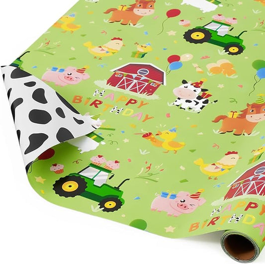WERNNSAI Farm Animal Wrapping Paper - 1 Roll 17” x 16.4 ft Green Farm Gift Wrapping Paper for Kids Birthday Baby Shower Animal Gift Packing Decoration Supply Reversible Cow Prints Design