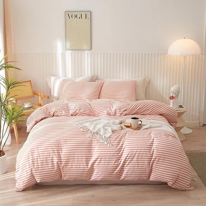 King Size Comforter Set Pink White Stripes Pattern Comforter Modern Striped Comforter Set Fluffy Lightweight 3 Pieces Bedding Comforter Farmhouse Stripes Boho Bed Comforter with 2 Pillowcases