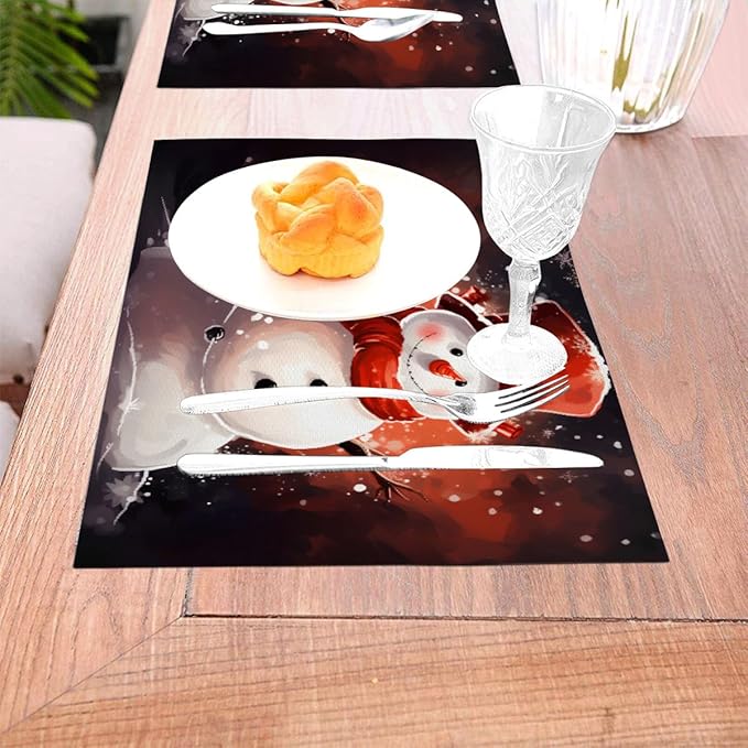 PVC Placemats Set of 1 Wipeable Table Mats Washable Heat Resistant Non Slip Vinyl Dining Table Mat for Kitchen Indoor Outdoor Patio Farmhouse Place Mats Christmas Snowman Red Decorative