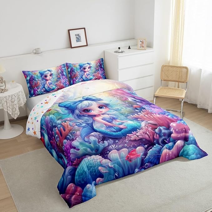Cute Mermaid Comforter Set King Size,Beautiful Mermaid Fairy Tale Reversible Bedding Set All Season Quilt Set,Watercolor Coral Cartoon Undersea World Microfiber Polyester Down Comforter