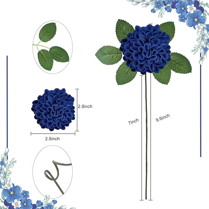 Artificial Flowers, 25pcs Realistic Artificial Rose for DIY Wedding Bouquets Centerpieces Arrangements, Blue Dahlia Flowers with Stem for Bridal Shower Party Home Decorations