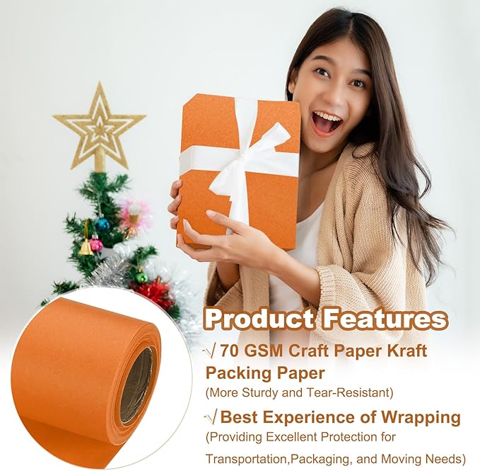 PATIKIL Wrapping Paper, 17" x 300"(25') 70 GSM Craft Paper Roll Kraft Packing Paper for Poster Bulletin Board, Gift Wrapping, Orange