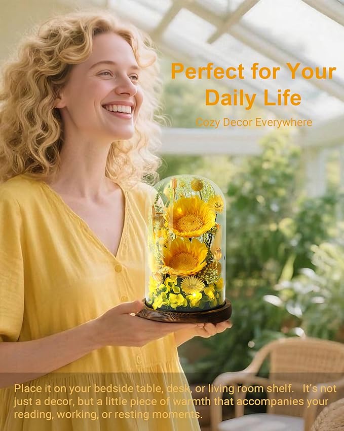 Sunflower Gifts for Women,Preserved Sunflowers Real Flowers in Glass Dome,Gifts for Grandma Mom Wife Mother in Law