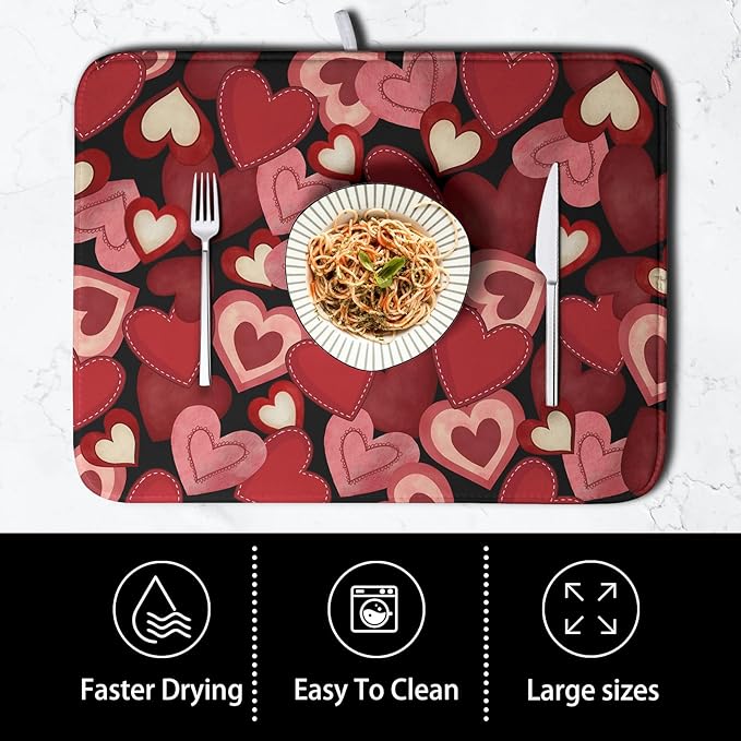 Valentine Dish Drying Mat for Kitchen Counter Red Black Love Heart Drying Pad Microfiber Absorbent Coffee Bar Mat Heat Resistant Countertop Protector Dishes Drainer Mat 16x18 Inch