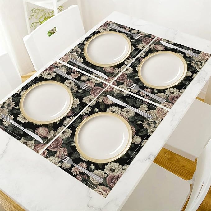 Floral Placemats Set of 4, 17x12 Inch Vintage White Pink Rose Flower Spring Plant Boho Art Print Table Mats for Home Party Kitchen Dining Decor