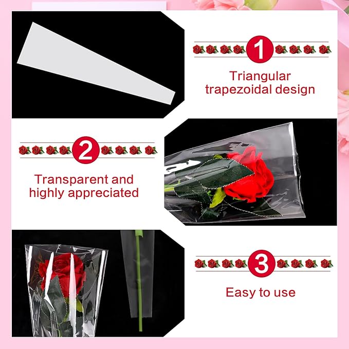 FOIMAS Flower Sleeves Bags,100Pcs Single Rose Packaging Bags for Mother'S Day Valentine's Day Flower Wrapping Party Supply Wedding Graduation Gift
