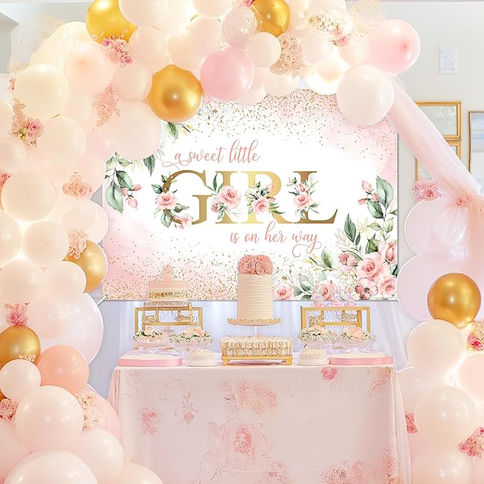 Avezano Girl Baby Shower Backdrop Pink Floral Sweet Baby Baby Shower Banner A Sweet Little Girl is on Her Way Party Decorations Banner (8x6ft)