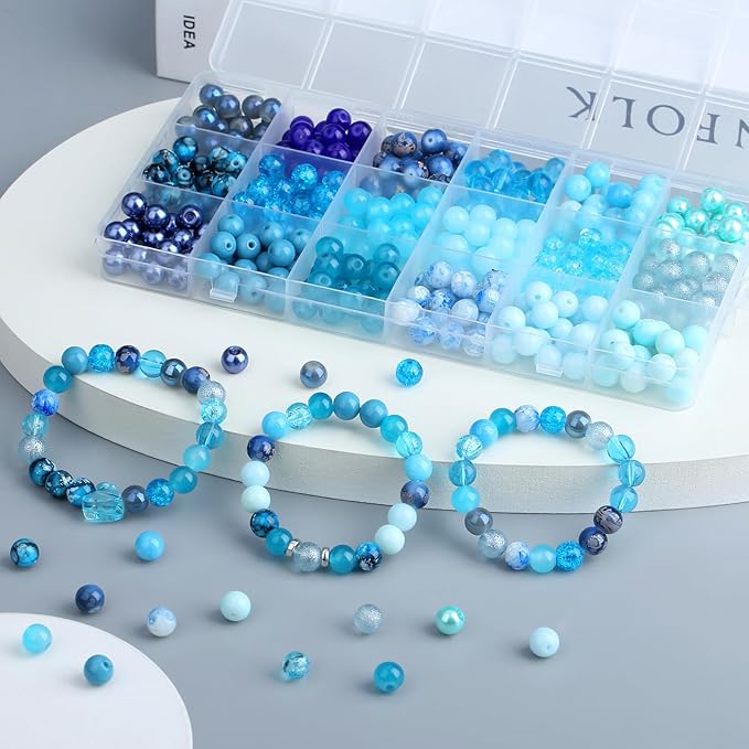 DUQGUHO 8mm Blue Beads for Jewelry Making Blue Glass Beads for Crafts Crystal Glass Round Beads Bulk Bead Bracelet Kit 360PCS