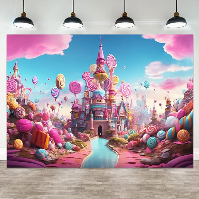 9x6ft Candyland Backdrop Sweet Candy Castle Photography Background Colorful Lollipop Blue River Cartoon Kids Birthday Banner Decorations Baby Shower Newborn Portrait Photo Booth Prop