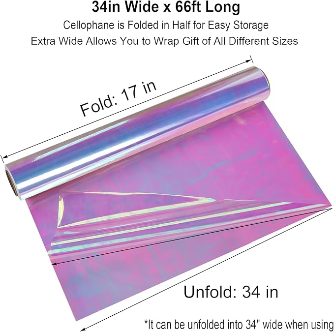 34 in x 66 Ft Iridescent Cellophane Wrap Roll - Extra Wide Cellophane Paper - Iridescent Transparent Cellophane Roll Plastic Wrap for Gift Baskets, Treats, Crafts, Party & Christmas Gift Wrapping
