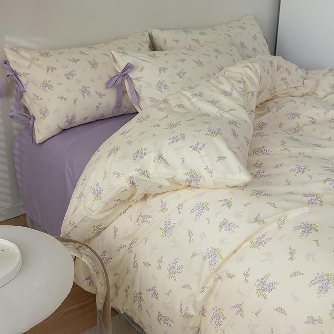 EAVD Girls Floral Duvet Cover Twin Soft 100% Cotton Chic Purple Lavender Floral Bedding Set with 2 Pillowcases Fresh Garden Botanical Duvet Cover with Zipper Closure Ties