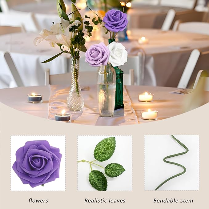 Artificial Flowers 100PCS Purple Roses Real Looking Lilac Foam Fake Roses with Leaves and for DIY Wedding Bouquets Bridal Shower Centerpieces Party Decorations (Purple Series, 100)