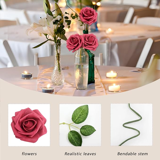 Artificial Flowers 50PCS Burgundy Roses Real Looking Foam Fake Roses with Leaves and for DIY Wedding Bouquets Bridal Shower Centerpieces Party Decorations (Burgundy)