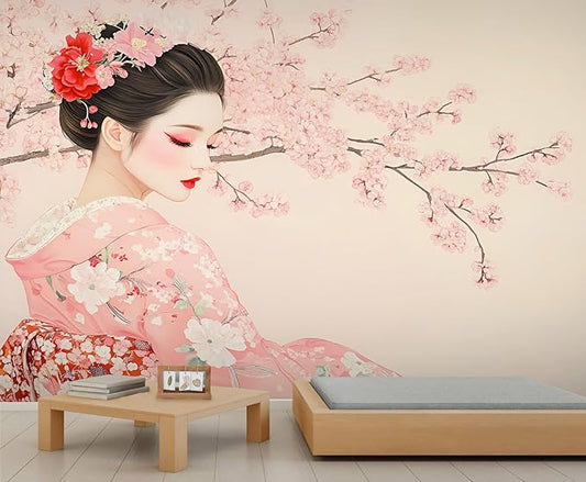 Japanese Cherry Blossom Wall Mural, Kimono Woman Geisha 3D Wall Murals, Oriental Beauty Wallpaper Mural, for Living Room Bedroom Large Wallpaper Indoor Decor 78.7" W x55.1 H